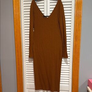 Fashion Nova Brown Ribbed Bodycon Dress V-Neck Long Sleeve